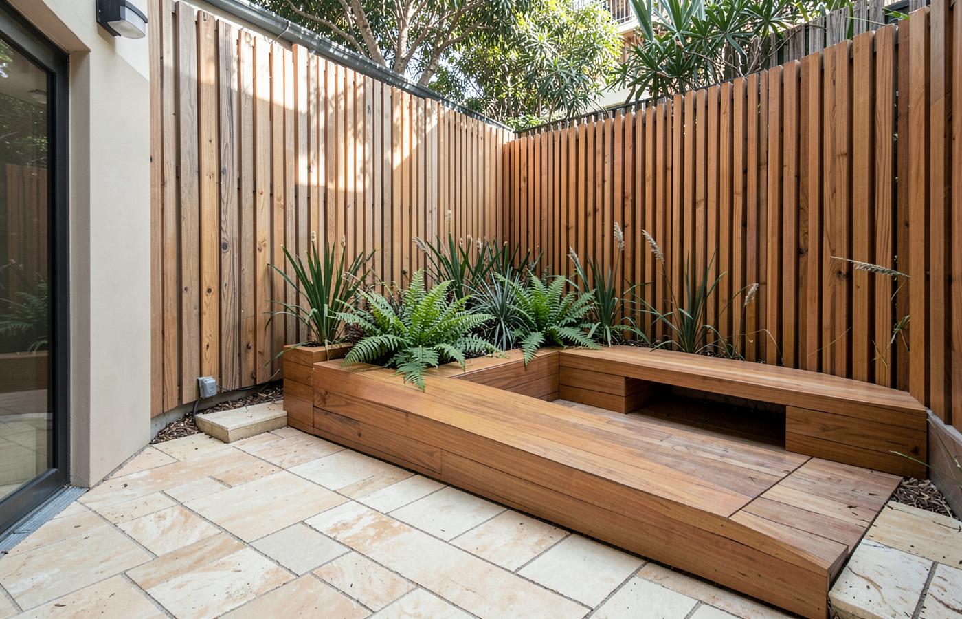 The same courtyard after work: sandstone paving, a hardwood planter of ferns and a built-in bench.