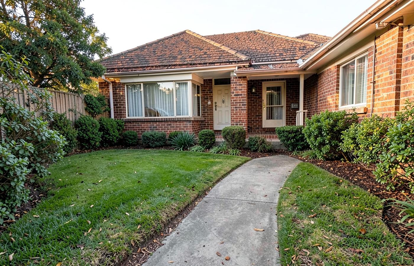 The same front garden after work: mown lawn, trimmed shrubs and a clear, swept path to the front door.