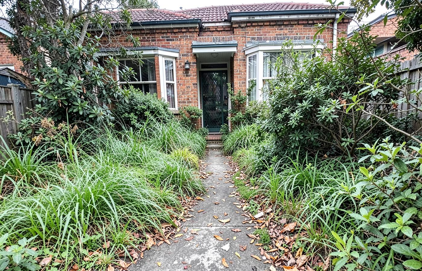 Overgrown shrubs narrowing the front path before the clean-up.
