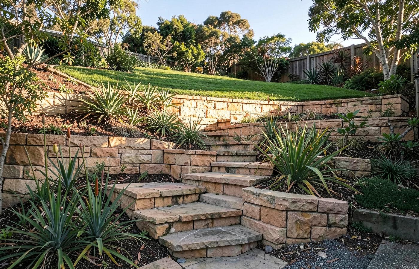 The same slope after work: three sandstone terraces, wide stone steps and native planting.